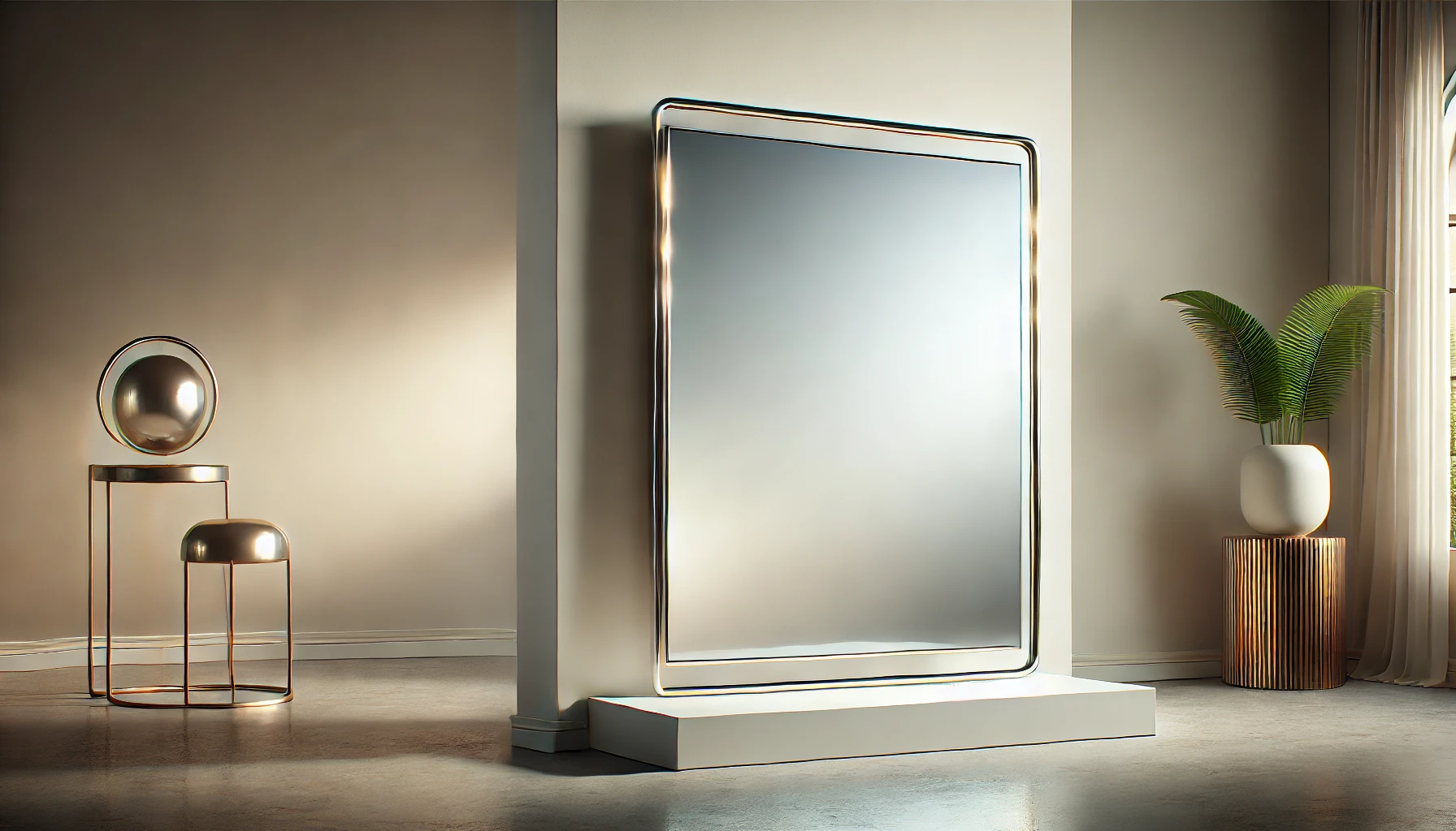DALL·E 2024-11-27 01.08.22 - A modern banner image for showcasing a luxurious wall-mounted mirror for sale. The scene features a single elegant, contemporary mirror with a sleek m